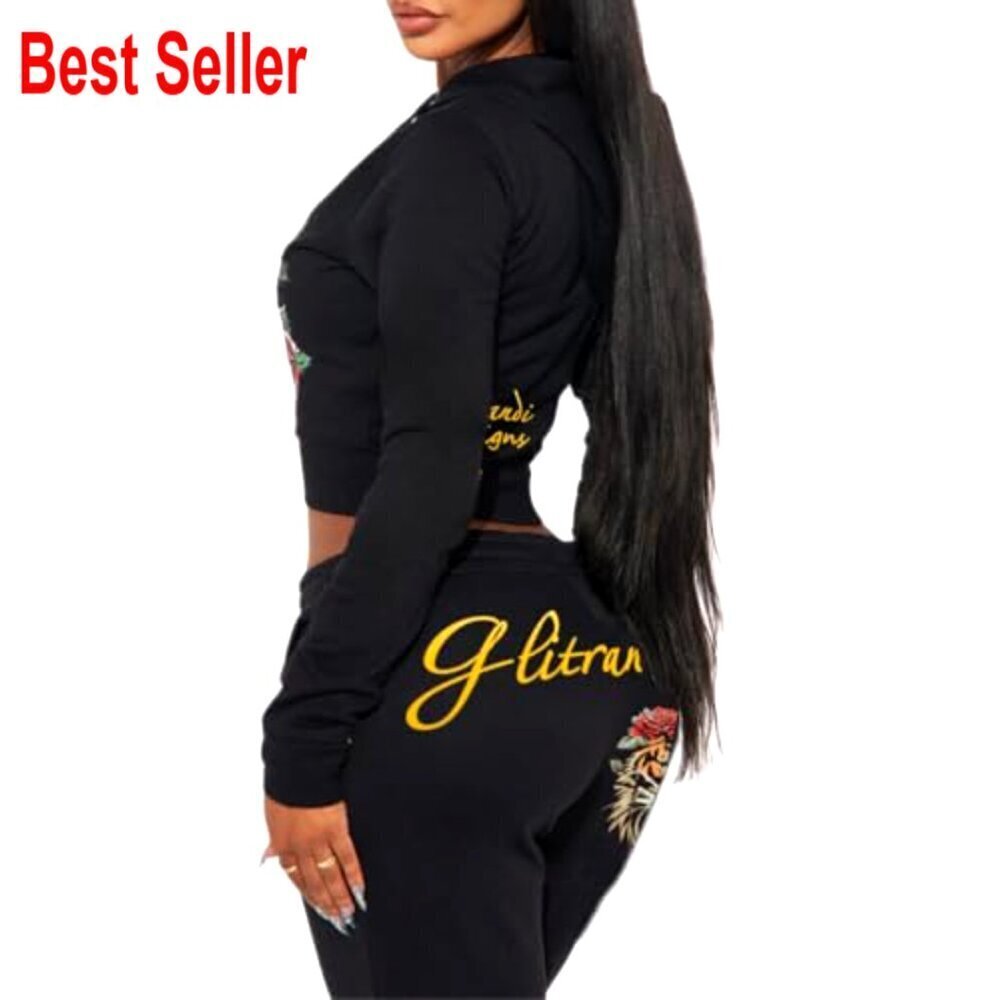 Cropped Hoodie & Sweatpants Set, 100% Polyester, S-XXL, Casual Wear - Picture 3 of 3